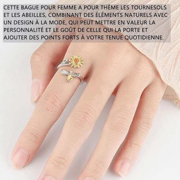 Bague dame HTBE® solsikkere og bier sølv roterende justerbar smykker til kvinder mode ringe smykker elegant dame gave Gul M