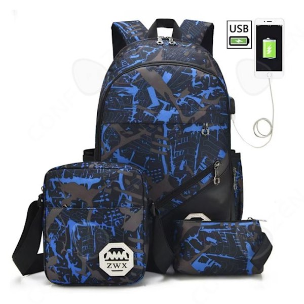 C Skolryggsäck 50x32x20cm 3st USB-axelväska handväska fritidshandväska studentryggsäck modeblå skolväska
