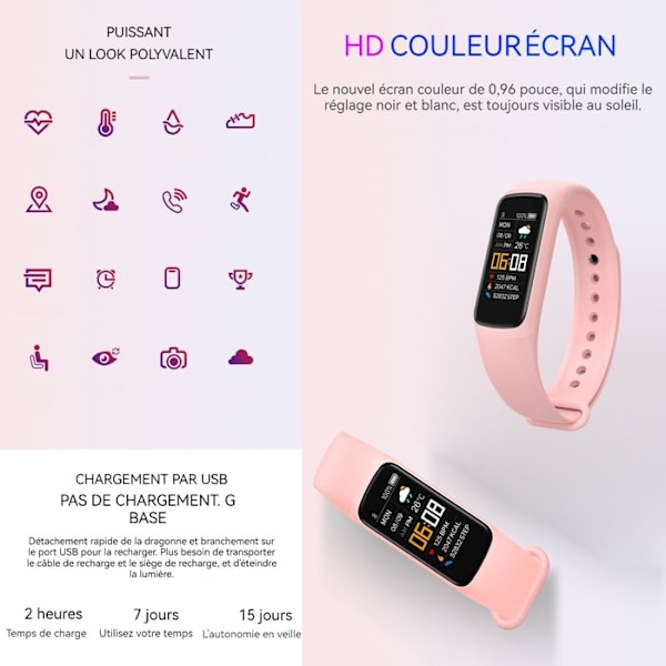 TD® ID115 Älykäs Ranneke Kuntoilun Seurantapiduin Askelmittari Aktiviteetin Valvonta Ranneke Nauha iPhone Android vaaleanpunainen