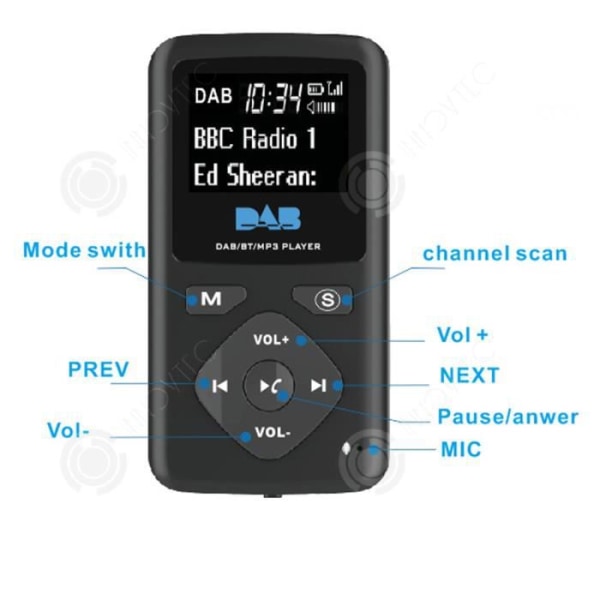 INN® FM/DAB fickradio, digital stereo LCD-display, stöd för Bluetooth MP3 uppspelningsfunktion, svart radio