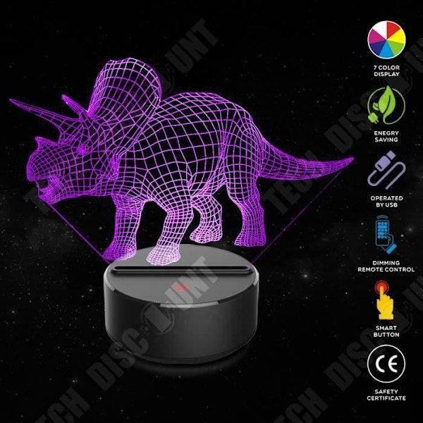 TD® Tactil dekorativ optisk lampe 7 farver illusion - model triceratops lavt forbrug USB-kabel 3 AAA batterier