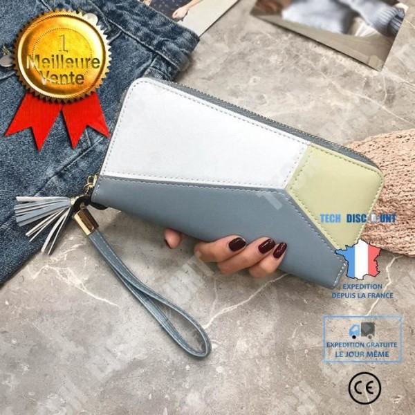 TD® Lång plånbok för kvinnor multifunktionell flera fack patchwork mönster lång modell färg blå vit