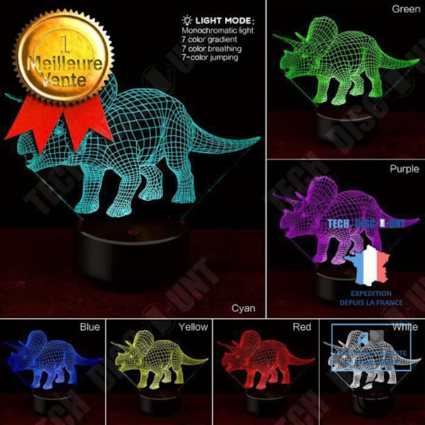 TD® Tactil dekorativ optisk lampe 7 farver illusion - model triceratops lavt forbrug USB-kabel 3 AAA batterier