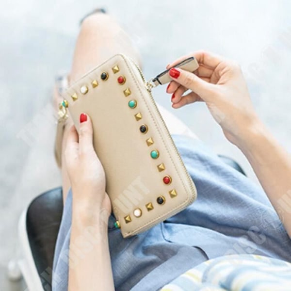 TD® Læder Langt Pung i Beige til Kvinder med Stort Multiskulderfunktionelt Rivet Farvede Spidser Vandafvisende Strømlinet