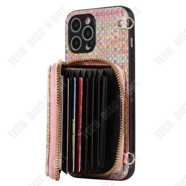 TD® mobiltelefonfodral i läder med dragkedja iPhone 12Pro vävt mönster med lutning för flera kortplatser