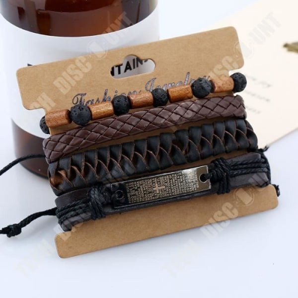 TD® Sæt med 4 dele læderarmbånd til mænd, vulkansk sten, træperler, vævet armbånd i flettet læder retro gave