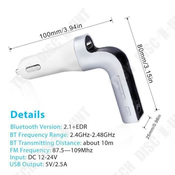 TD® Auton FM-lähetin - Monitoiminen Bluetooth-autosarja Handsfree Radio MP3-soitin USB-laturilla Hopea