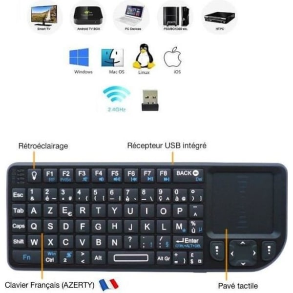 LCC® Mini Wireless Touch-tangentbord (AZERTY) 2,4 GHz med Plug &amp; Play-pekplatta