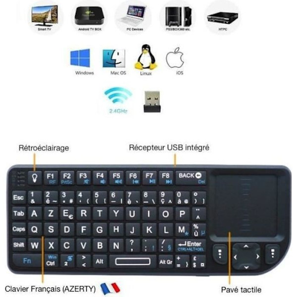 Trådlöst tangentbord - LCC® - Mini AZERTY pektangentbord - Pekplatta - 2,4 GHz - Uppladdningsbart