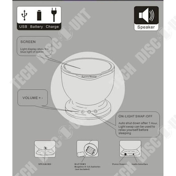 TD® LED natlysprojektor havstrand vand oceanisk USB opladning værelse højttaler MP3 farvet LED lys