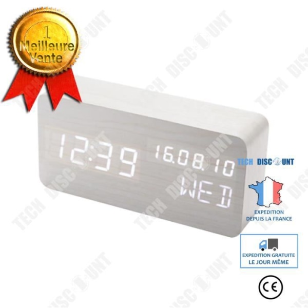 TD® HOT led väckarklocka, LED digital väckarklocka i trä, visar tid datum vecka och temperatur, S-formad träkub