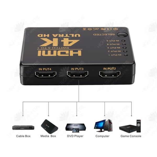 HTBE® HDMI-switcher Fjernbetjening højopløsning 4K 5 i 1 HDMI-switcher infrarød Fjernbetjening højopløsning