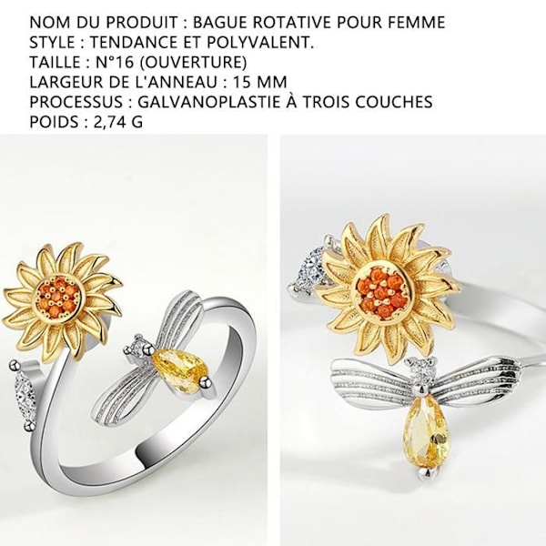 Bague dame HTBE® solsikkere og bier sølv roterende justerbar smykker til kvinder mode ringe smykker elegant dame gave Gul M