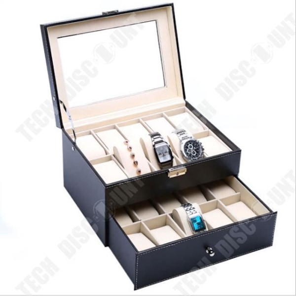 TD® Watch Box Herrgåva 20 klockor Dubbla Läder Kvittokartong Färg: Svart