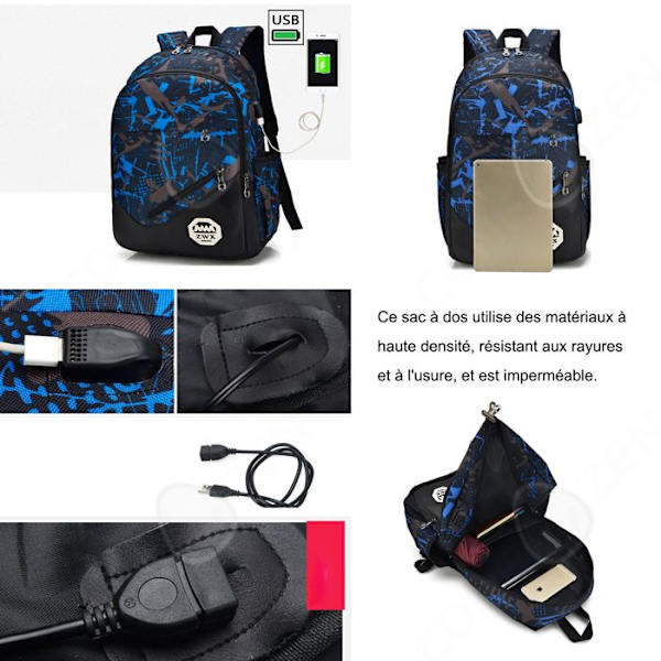 C Skolesæk 50x32x20cm 3pcs USB skuldertaske håndtaske fritids håndtaske studentermode blå rygsæk