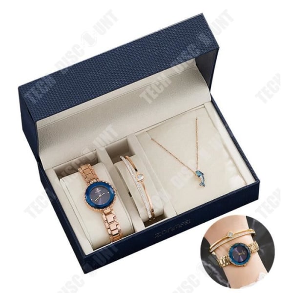 TD® Kvartsur presentset för kvinnor - Lucky - Vacker zirkon - Ett armband i rostfritt stål + halsband - Rose Gold - Blå urtavla