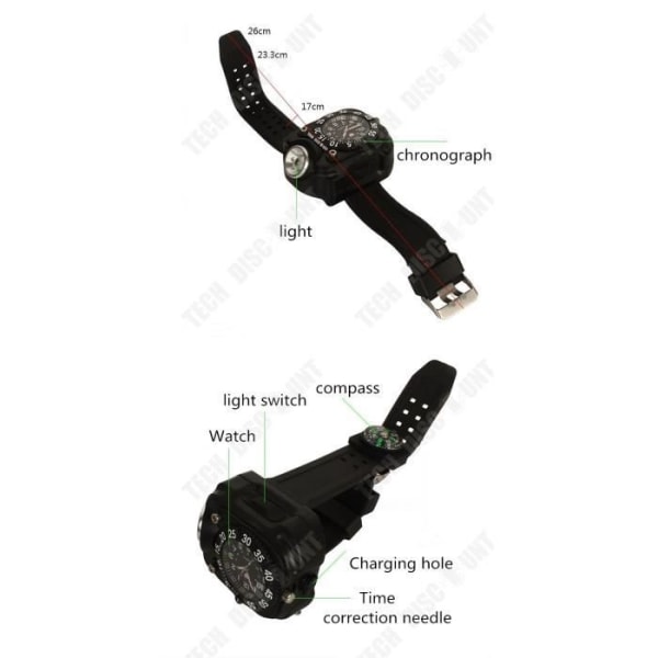 TD® Armbandsur multifunktionell laddningskompass utomhussport natt 3W ljus usb armband mode bärbar laddningslampa