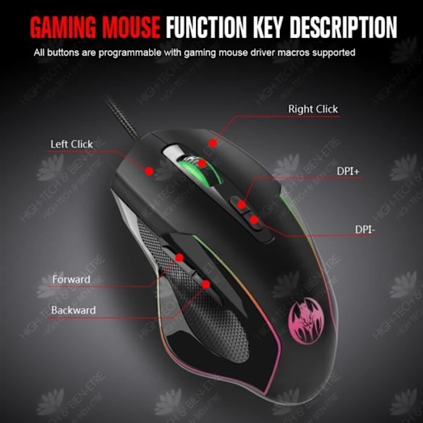 HTBE® E-sports kyllinge gaming mus med 7 knapper farverigt åndedrætslys til computer og bærbar computer