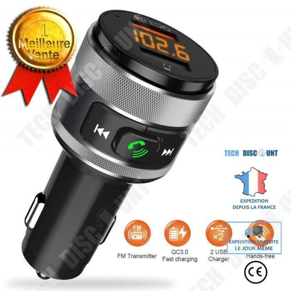 FM Bluetooth transmitter af høj kvalitet, trådløs radioadapter, bilhandsfreesæt/QC3.0 hurtig biloplader, 2 porte
