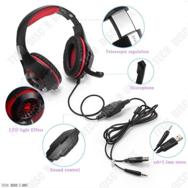 Röd Gaming Headset TD® Gaming Headset med mikrofon för PC och bärbar dator - LED Luminous Black and Red Comfortable