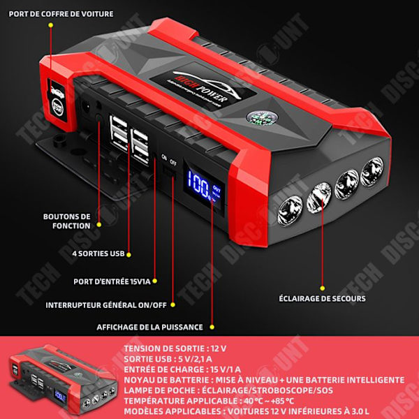 TD Booster bilbatteri jump starter bærbar bilbatteri starter med hurtigopladning intelligente sikkerhedsklemmer