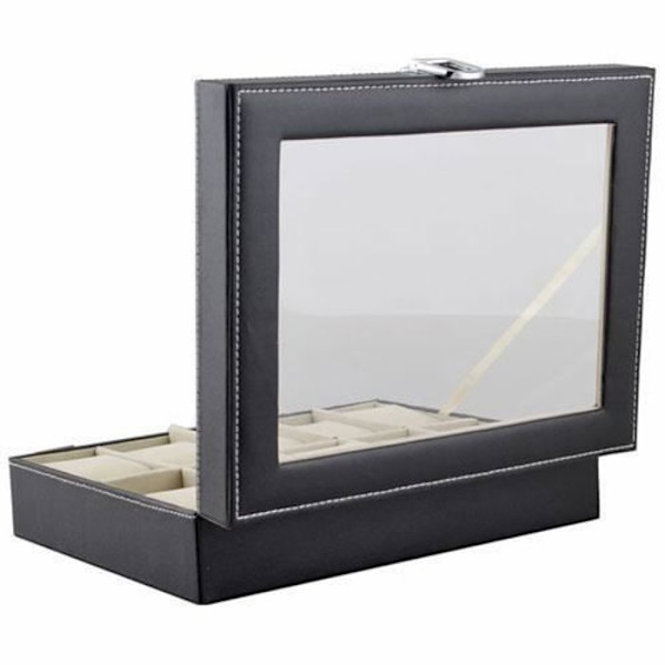 Klockbox - LESHP - För 10 klockor - Läderimitation - Svart