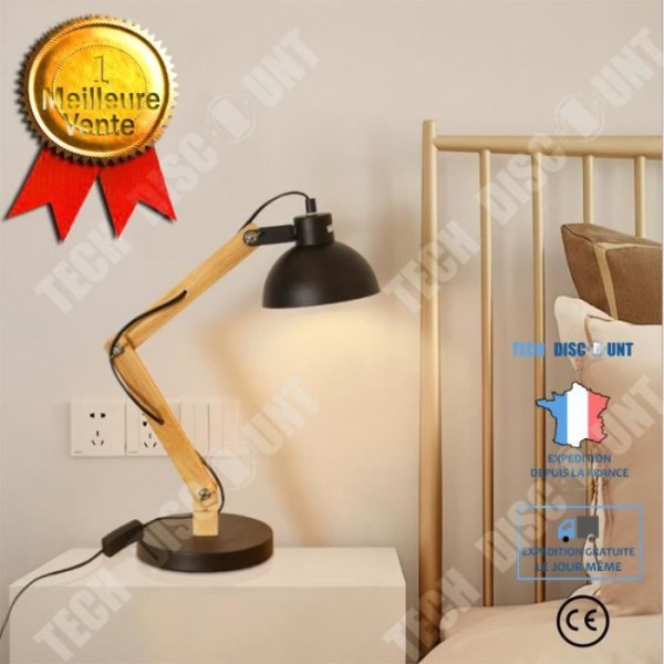 TD® Tomons Design Bordlampe i Træ til Kontor, Nattesbord, Stue, inkluderer LED-pære Sort