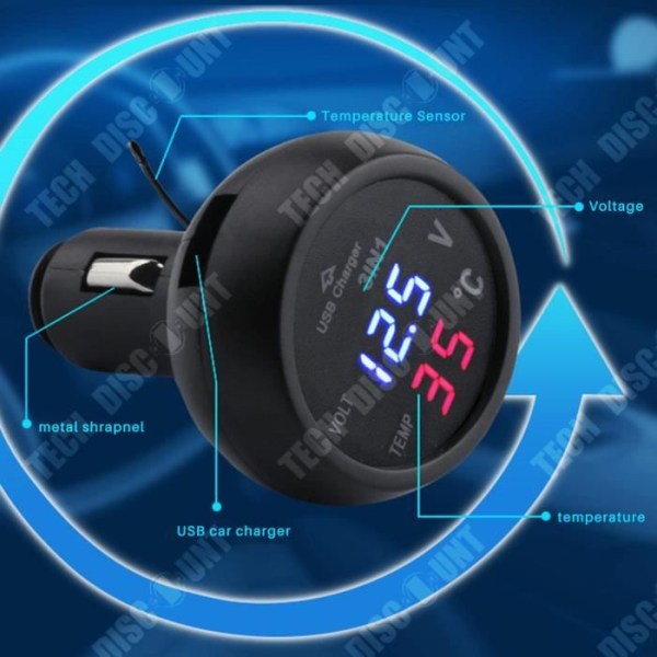TD® bilcigarettändare voltmeter, cigarettändartermometer, 12-24V USB cigarettändarladdare med en digital LED-display för bil