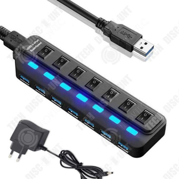 TD® USB-jakaja HUB 7-porttinen USB3.0 ultra-nopea kytkimellä USB 3.0 -liittymällä x 7PORT musta, joka on liitetty hubiin