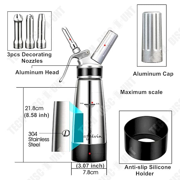 TD Siphon chantilly 500ml ergonomisk design professionel flødeskumssyphon i aluminium med 3 dyser i rustfrit stål