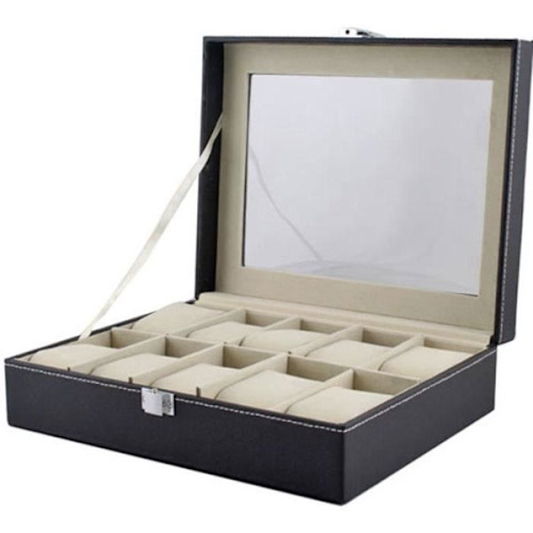 Klockbox - LESHP - För 10 klockor - Läderimitation - Svart