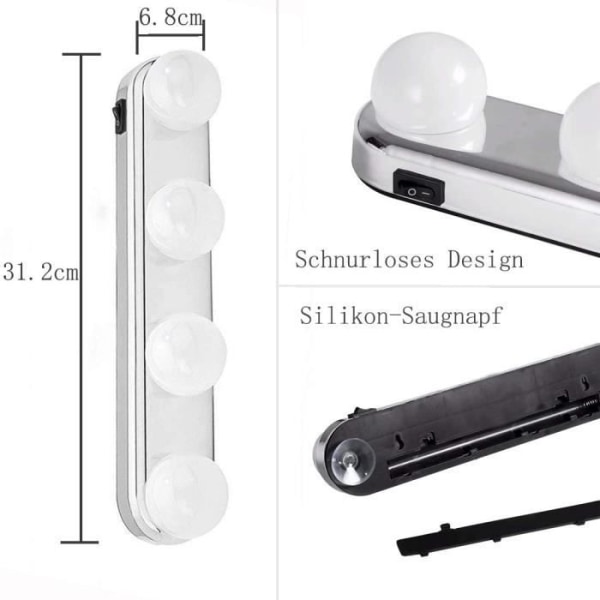 4 LED-lampor Sminkspegel Ljus Sugkopp Installationsljus Badrumsvägglampa Batteridriven