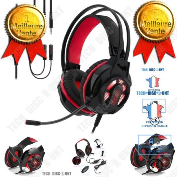 Rød TD® Gaming headset med mikrofon til PC og bærbar computer - Sort Rød LED lys Komfortabel