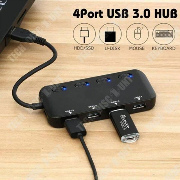 Power Strip USB 3.0 Hub, Ultra Slim Multiple 4 Port USB Hub med individuella strömbrytare LEDs