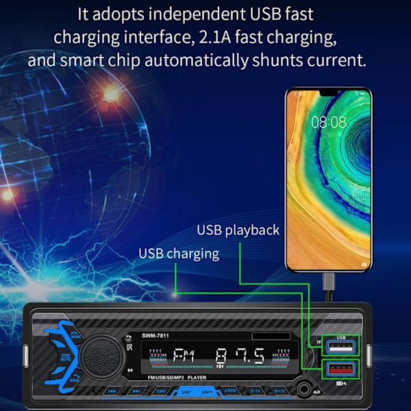 TD® bilradio 188*60*58mm Förlustfritt ljud 2,1A snabbladdning