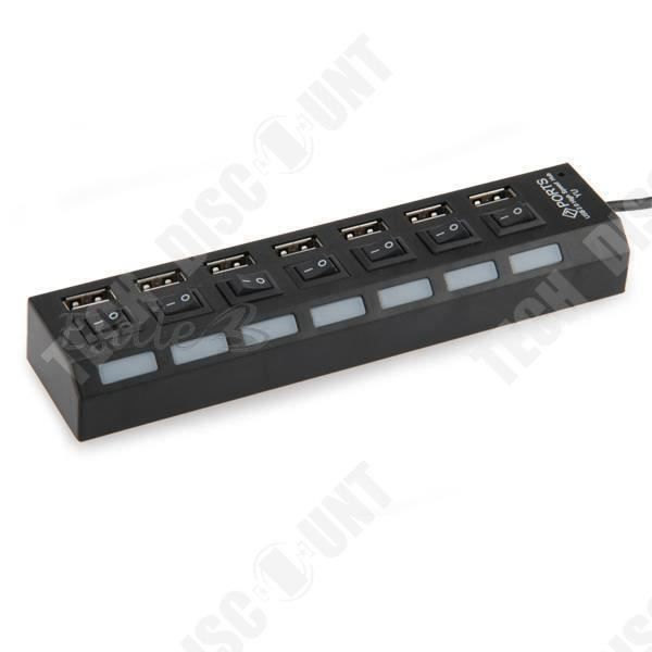 TD® HUB USB 2.0 -sovitin 7-porttinen LED-kytkimellä PC:lle, tabletille, USB-tikuille ja USB-tallennuslaitteiden liittämiseen tietokoneeseen