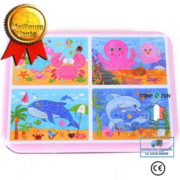 Puzzle Ocean 4-i-1 til børn - CONFOZEN - Metalkasse - Uddannelseslegetøj til børn fra 3 år og op.