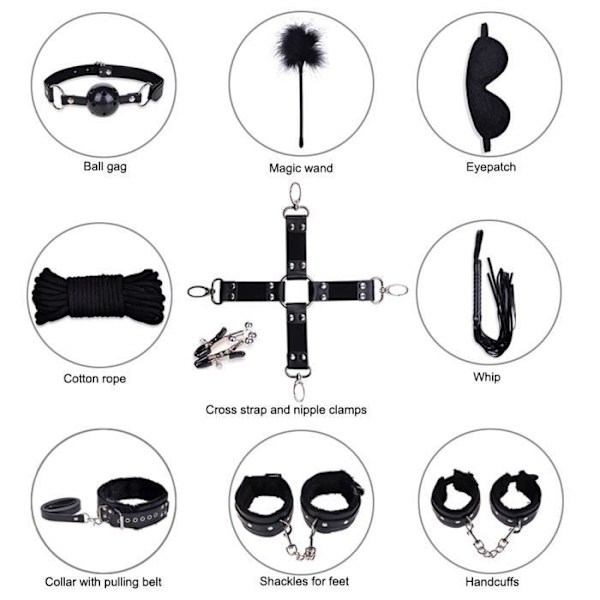 Erotinen bondage-setti - LCC® - 10 kappaletta - Säädettävä koko - Sopii miehille ja naisille - Musta
