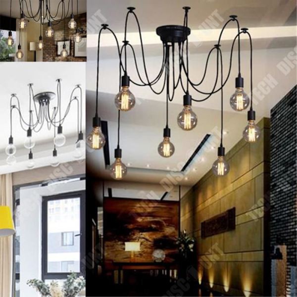Hängande lampa - TD® - Retro - 8 glödlampor - Svart - Justerbar 1m