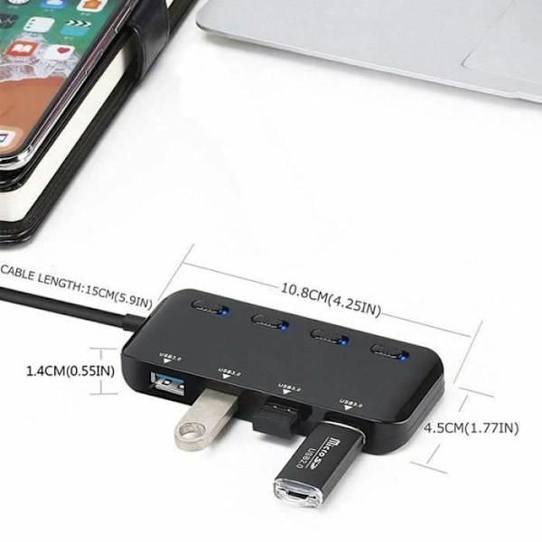 USB 3.0 Hub Power Strip - MÆRKE - Multi 4 porte - Sort - Integreret overspændingsbeskyttelse