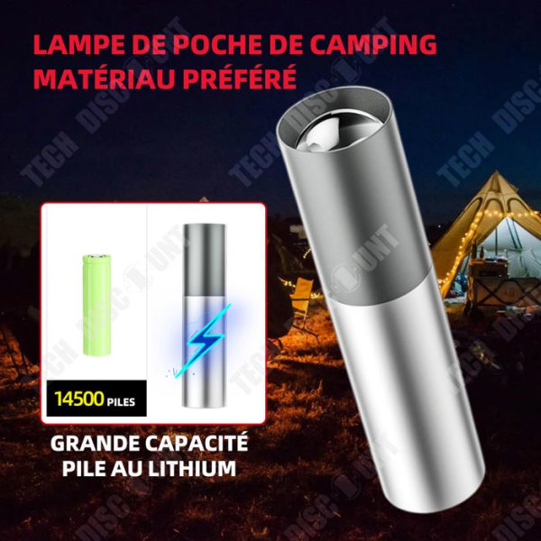TD Mini LED-ficklampa Uppladdningsbar 3 zoombara ljuslägen för barn Present Camping Vandring Nödströmavbrott