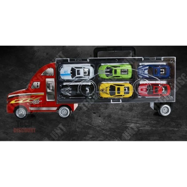 TECH DISCOUNT® - Red Truck Toy Game 6 små flerfärgade integrerade bilar för barn transportabelt fodral Pojkspresent