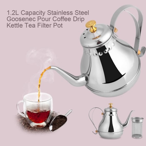 1,2L teekande, kaffekande - Poleret rustfrit stål te-kedel med te-filter, te-infuserkande med låg