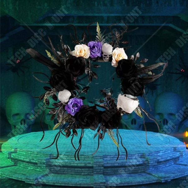 TD® Halloween kraniet krans 40*40CM Sort-hvid rose simulation Kranie mønster Velegnet til Halloween dekoration