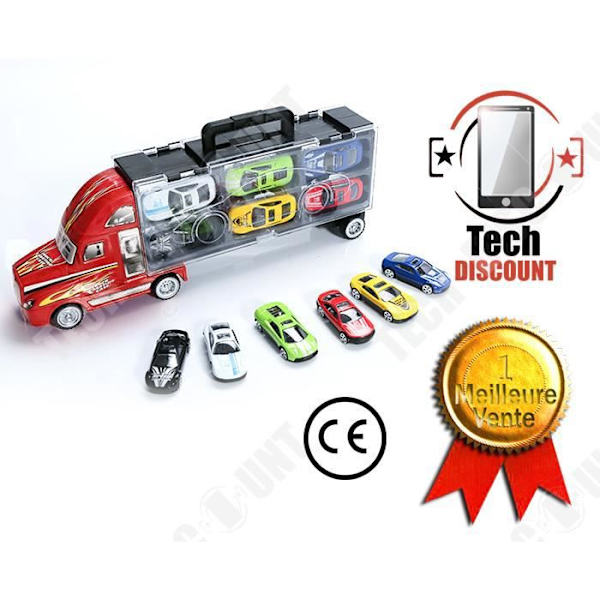TECH DISCOUNT® - Red Truck Toy Game 6 små flerfärgade integrerade bilar för barn transportabelt fodral Pojkspresent