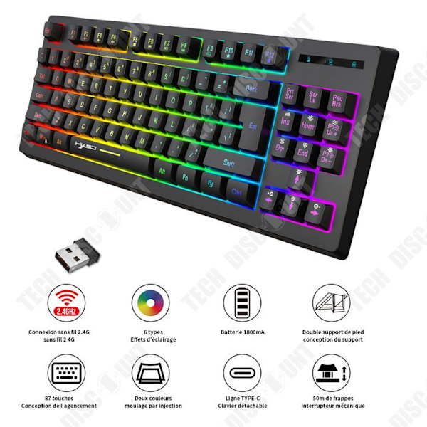 Spelklaviatur - TEKNIKRABATT - Mekanisk 87 tangenter - Bluetooth - Färgglatt bakgrundsbelysning - Ergonomisk