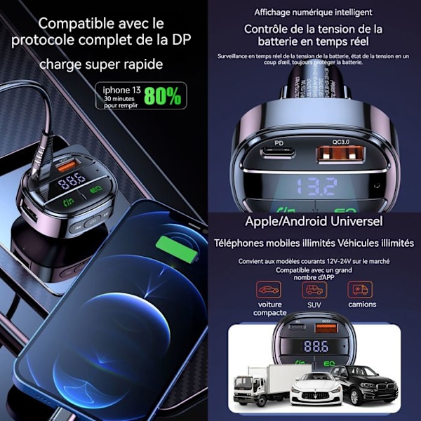 TD® FM transmitter bil Bluetooth handsfree adapter jack trådløs oplader radio LED skærm USB port original sort