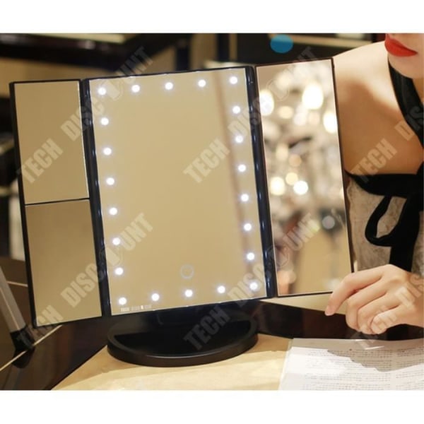 TD® foldbart spejl med 3 ansigtter, lysende LED, forstørrende, justerbar strømforsyning, batteridrevet, stående til make-up, badeværelse, professione