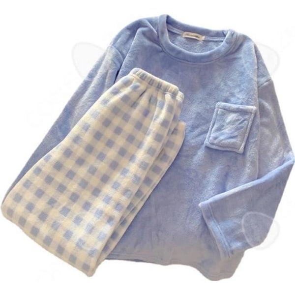 CONFO® Rutig pyjamas, långärmade byxor för kvinnor, lediga hemservicekostymer i höstfleece och Blå jag