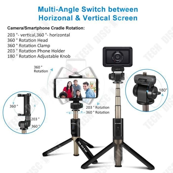 Selfie-stang - TD® - Sammenklappelig - Kompatibel med 3,5 til 6 inches - Aluminiumlegering - Bluetooth Svart